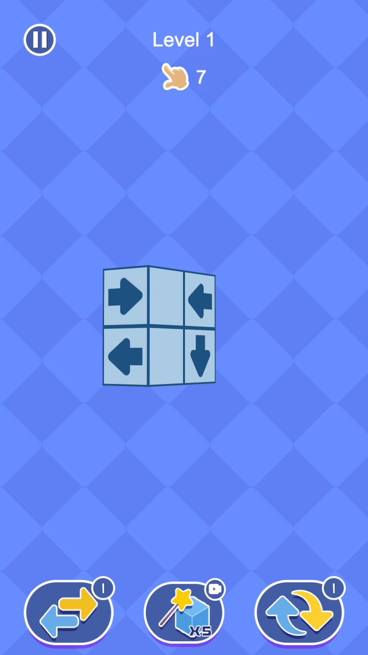 Level 1 with 7 taps left before D is selected, showing A and B facing each other and C and D pointing out.