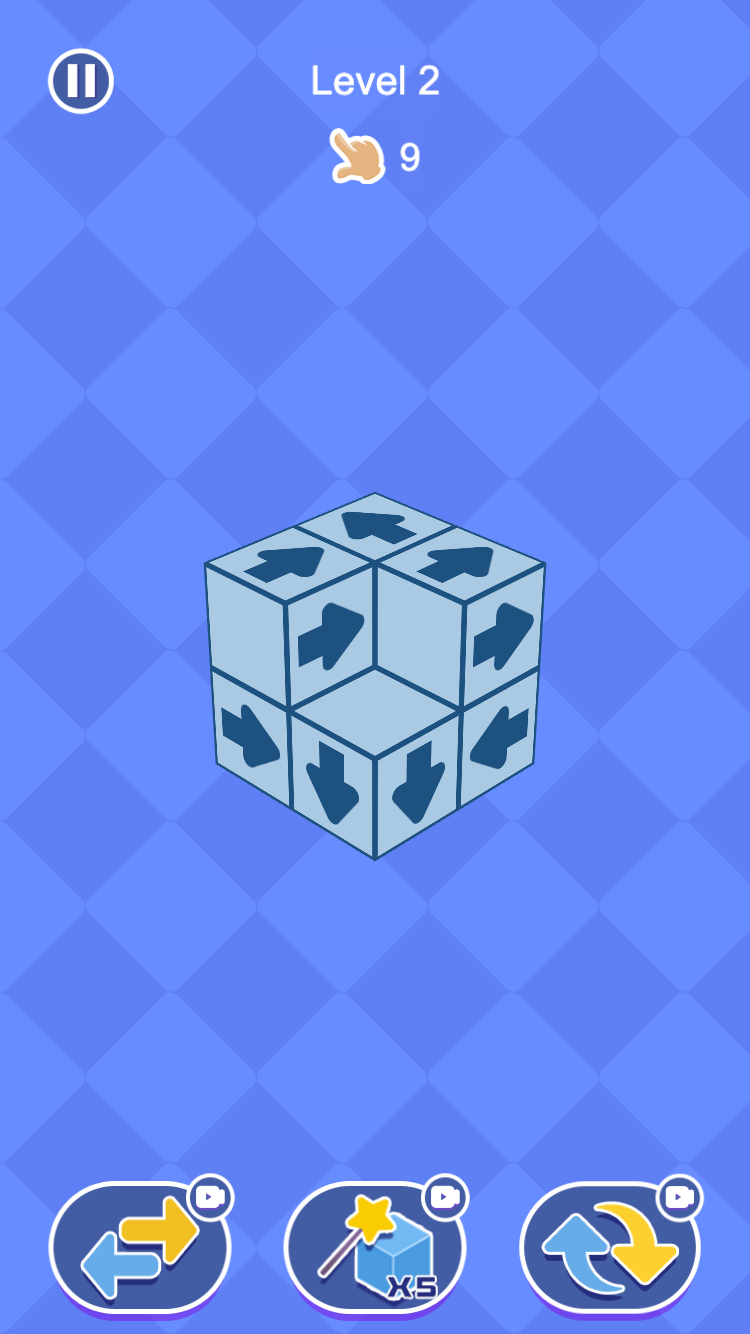 Level 2 with 9 taps left before the automatic clear, showing a larger cube with settled arrows.
