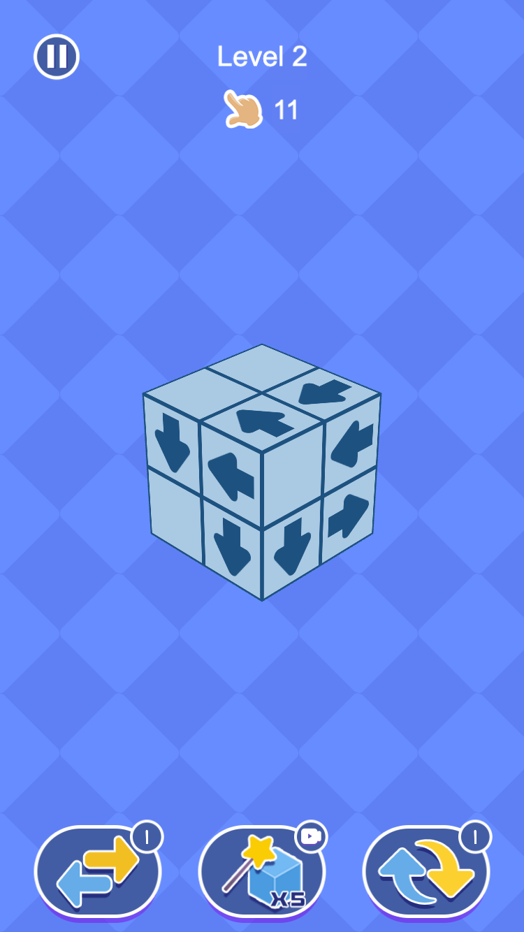Level 2 before a blocked tap, with 11 taps left and the complete cube unchanged.
