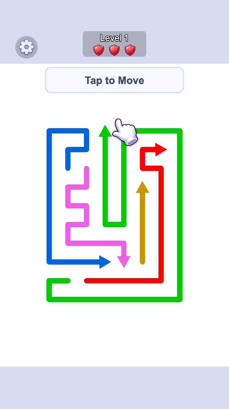 Arrow Puzzle Level 1 with green A marked near the top of the board before checking what blocks it.