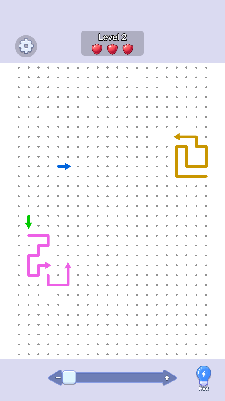Arrow Puzzle Level 2 before the blue arrow is tapped, with three shields remaining.