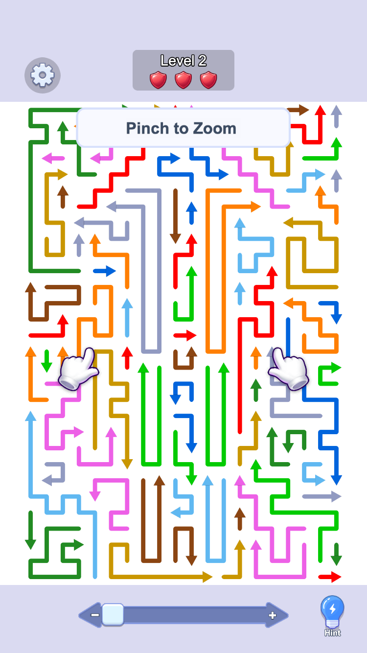 Arrow Puzzle Level 2 showing a pinch-to-zoom prompt over a dense board of directional arrow lines.
