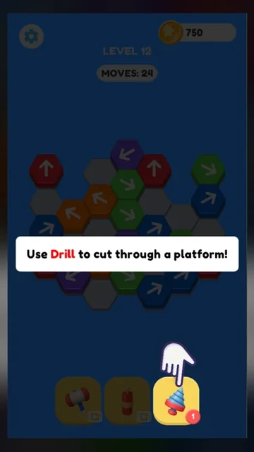 Arrow Game Tap Away Arrow Level 12 tutorial telling the player to use Drill to cut through a platform