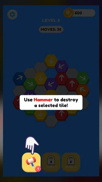 Arrow Game Tap Away Arrow Level 6 tutorial telling the player to use Hammer to destroy a selected tile