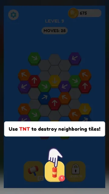 Arrow Game Tap Away Arrow Level 9 tutorial telling the player to use TNT to destroy neighboring tiles