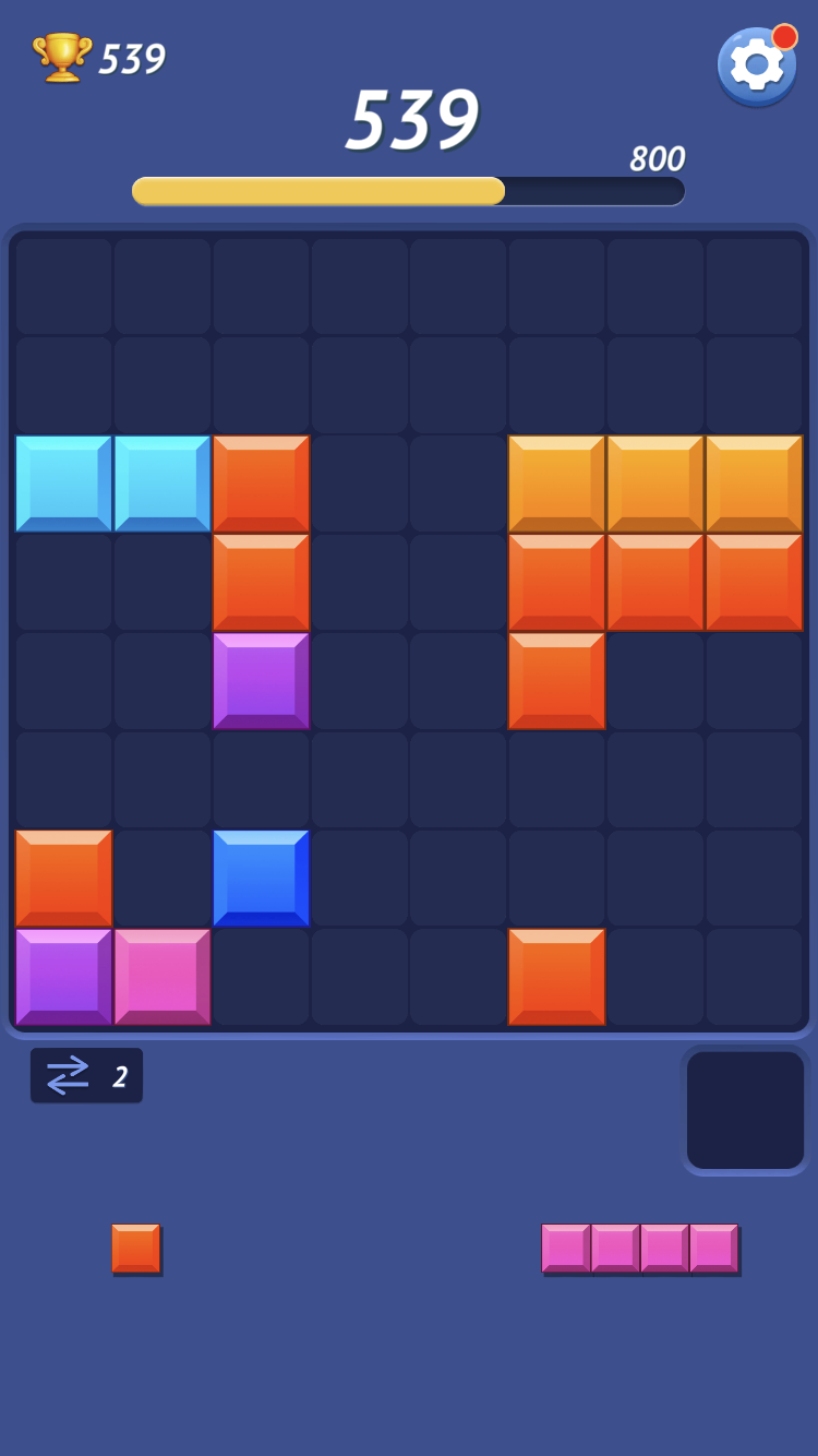 Blocky Puzzle colored block grid with 539 of 800 progress, available pieces, and swap tool