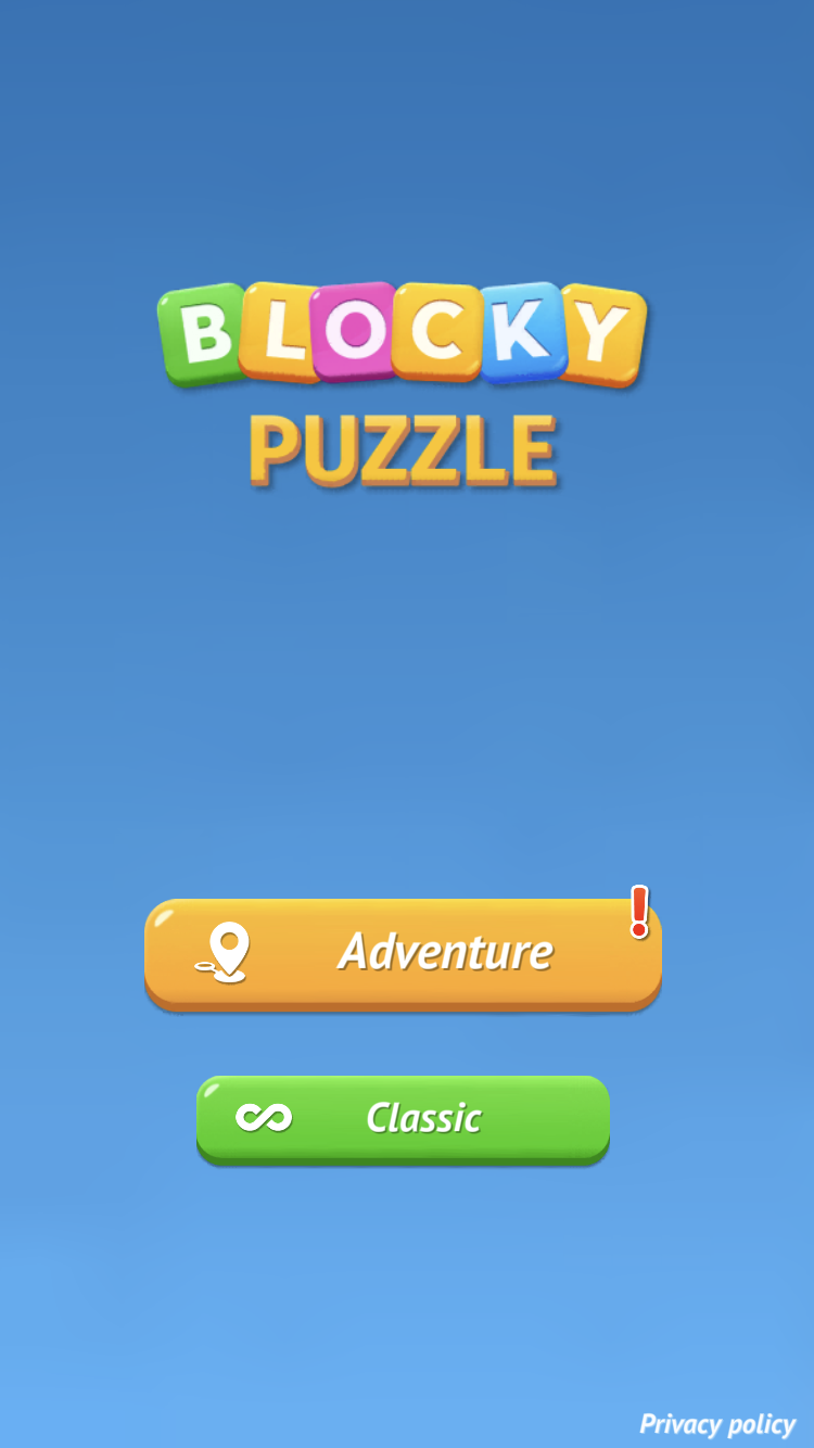 Blocky Puzzle home screen with Adventure and infinite Classic mode buttons