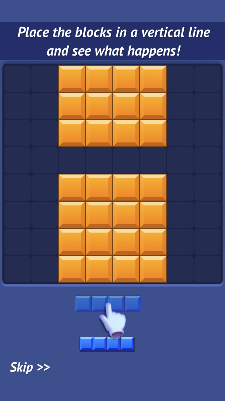 Blocky Puzzle tutorial grid with cyan blocks and instruction to complete a vertical line
