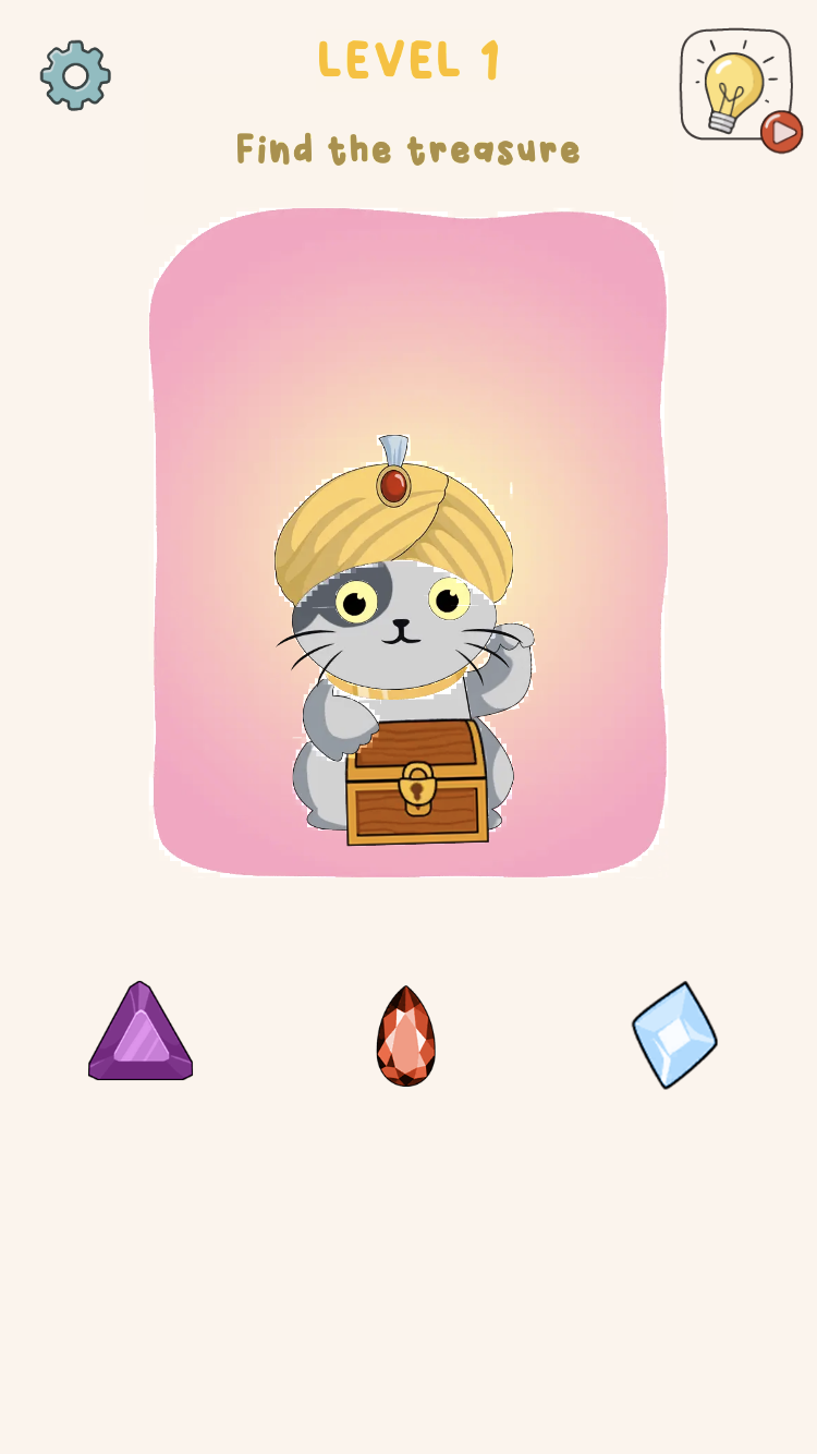 Brain Out Game Level 1 Find the treasure with a bandana-wearing cat, treasure chest, and three gem choices