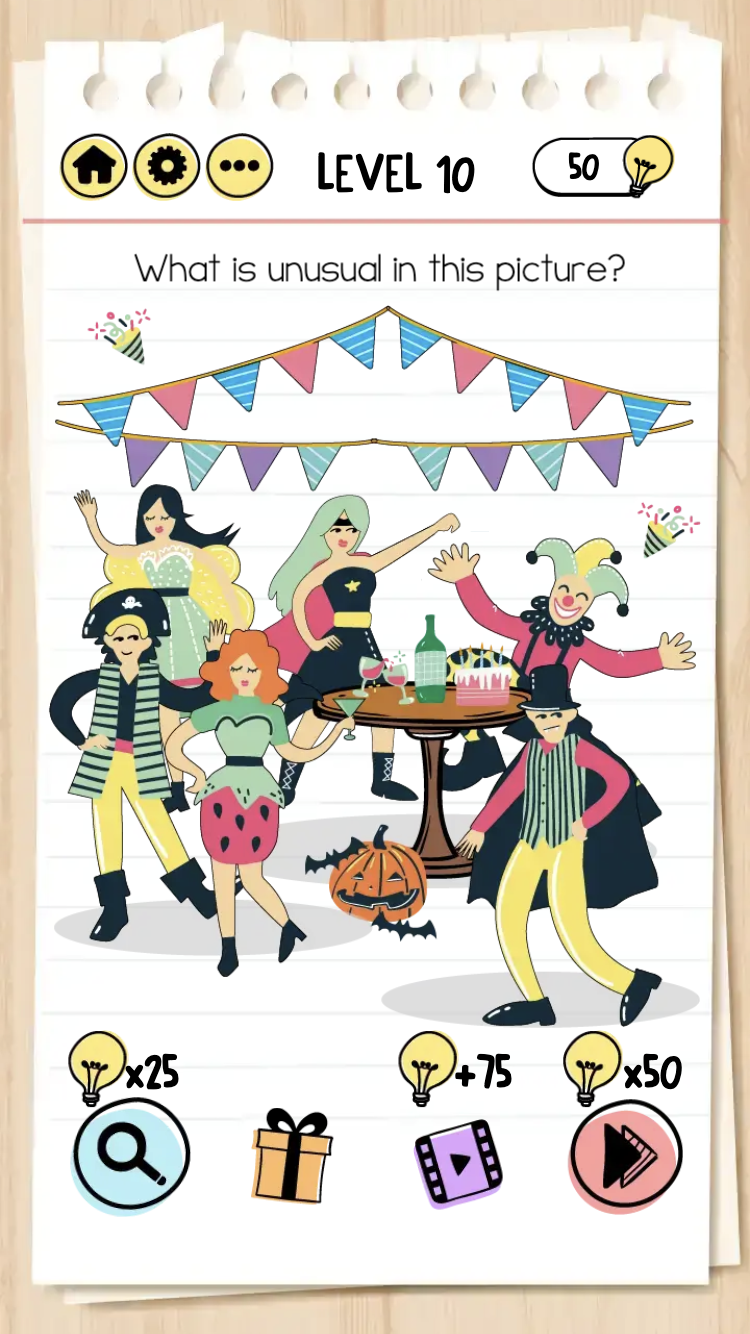 Brain Test Tricky Puzzles Level 10 asking what is unusual in a party picture with hint tools below
