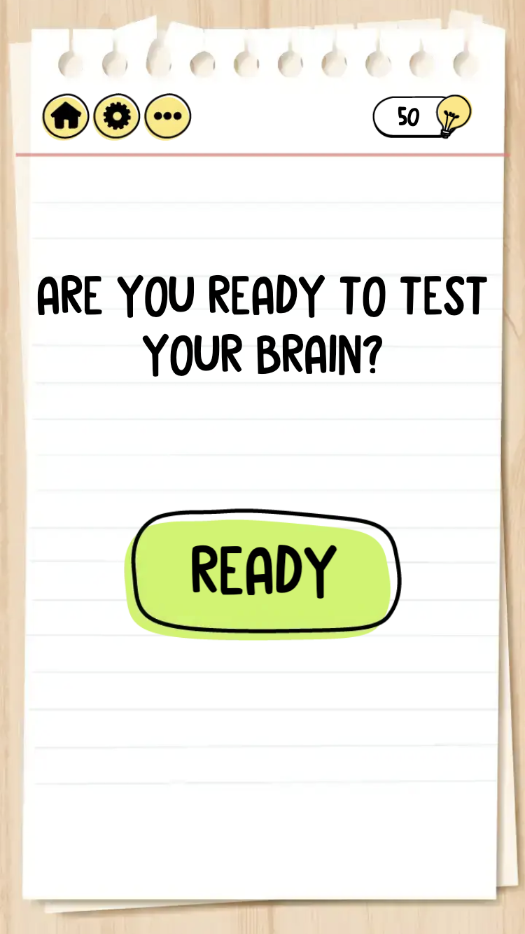 Brain Test Tricky Puzzles opening note reading Are You Ready to Test Your Brain with a Ready button and 50 hints