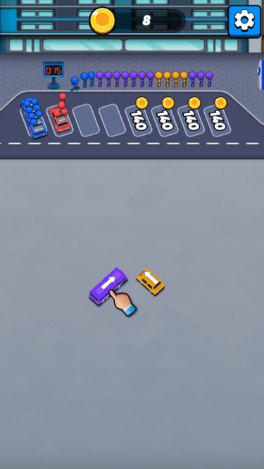 Blue and red passengers board matching buses at the parking bays