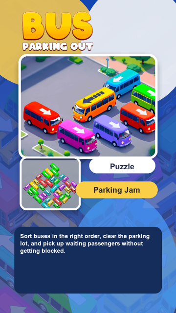 Bus Parking Out preview with colorful arrow-marked buses packed into a parking jam
