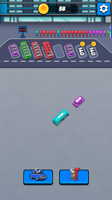 Bus Parking Out before a move, with cyan A below purple B in the lower terminal area.
