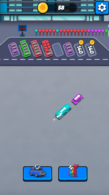 A cyan bus returns after reaching a purple bus in Bus Parking Out