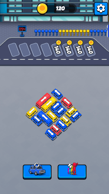 Bus Parking Out with a dense group of blue, yellow, and red arrow-marked buses above the rearrangement control.