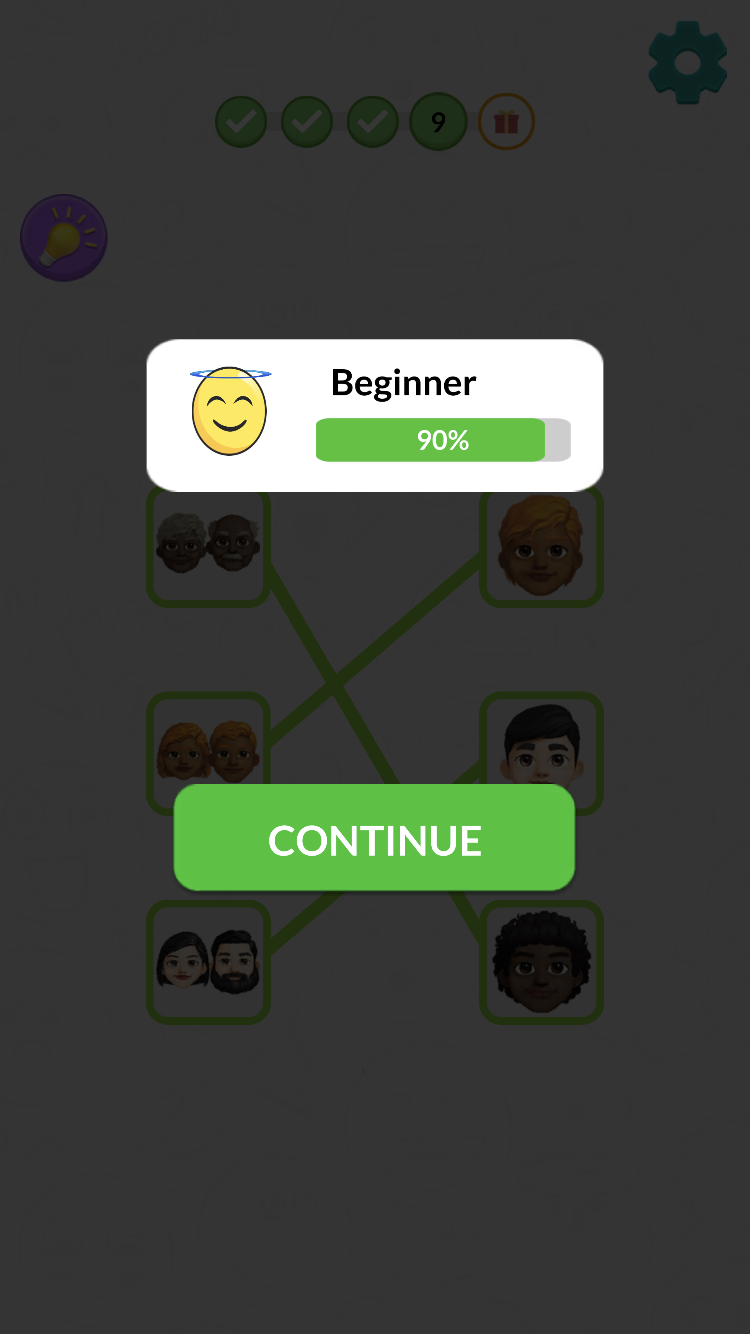Connect Puzzle Beginner stage 9 at 90 percent with emoji joined by green lines and a lightbulb hint