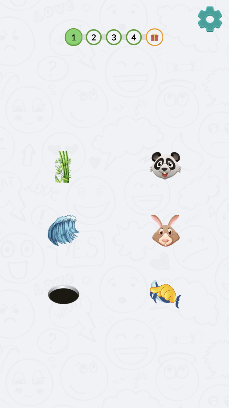 Connect Puzzle first board with bamboo, panda, water, rabbit, black hole, and fish emoji