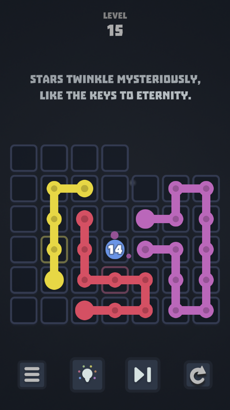 Cosmos Lines Level 15 with colored paths, grid cells, a move counter of 14, and space-themed text