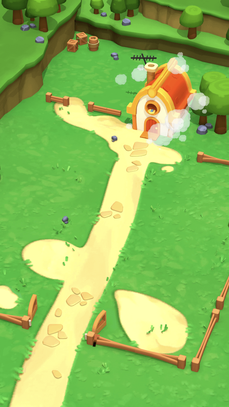Farm Escape farm hub showing smoke effects around a newly developed orange-roofed building