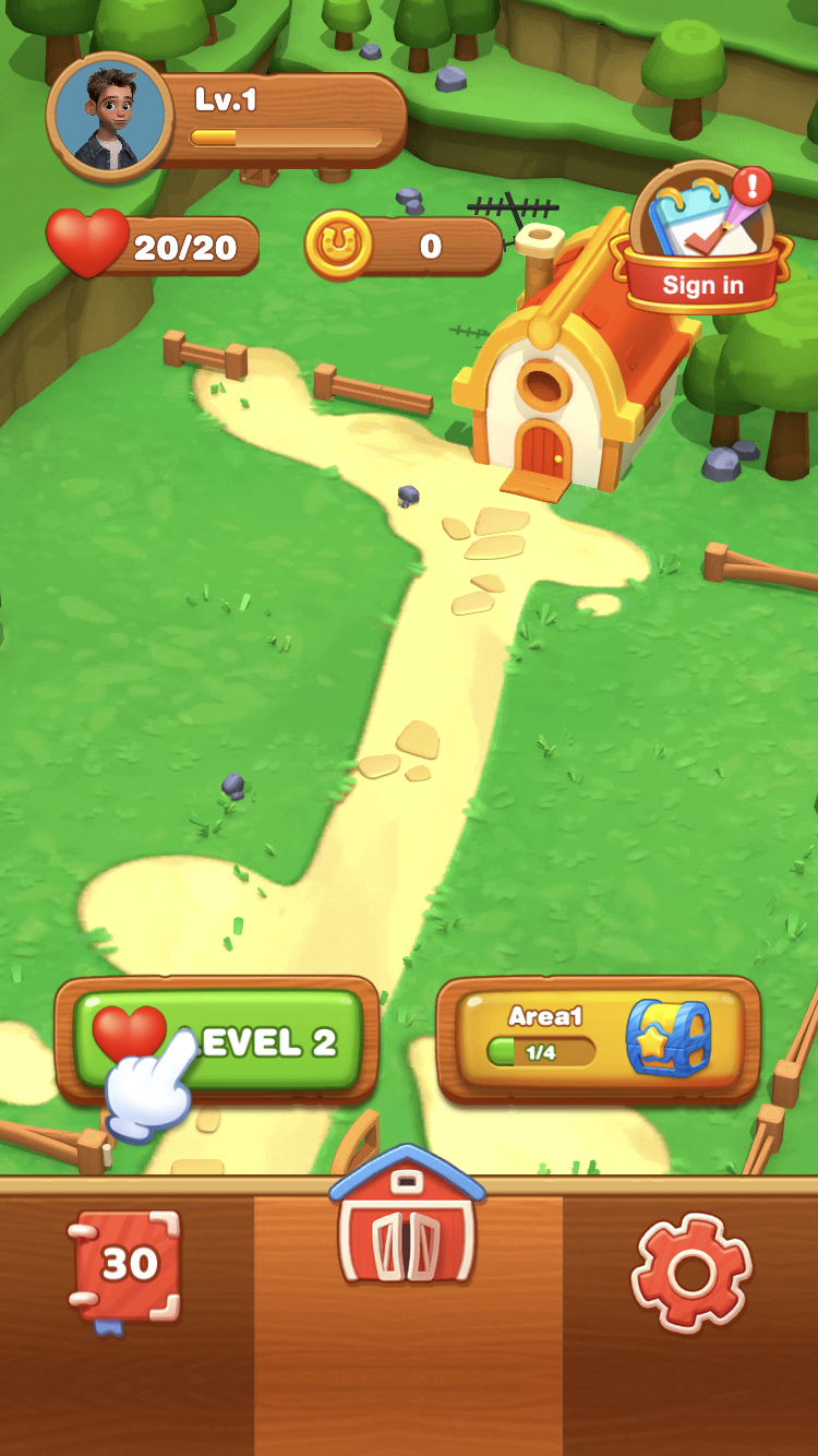 Farm Escape farm hub at level 1 with full hearts, a building, the Level 2 button, and Area 1 progress