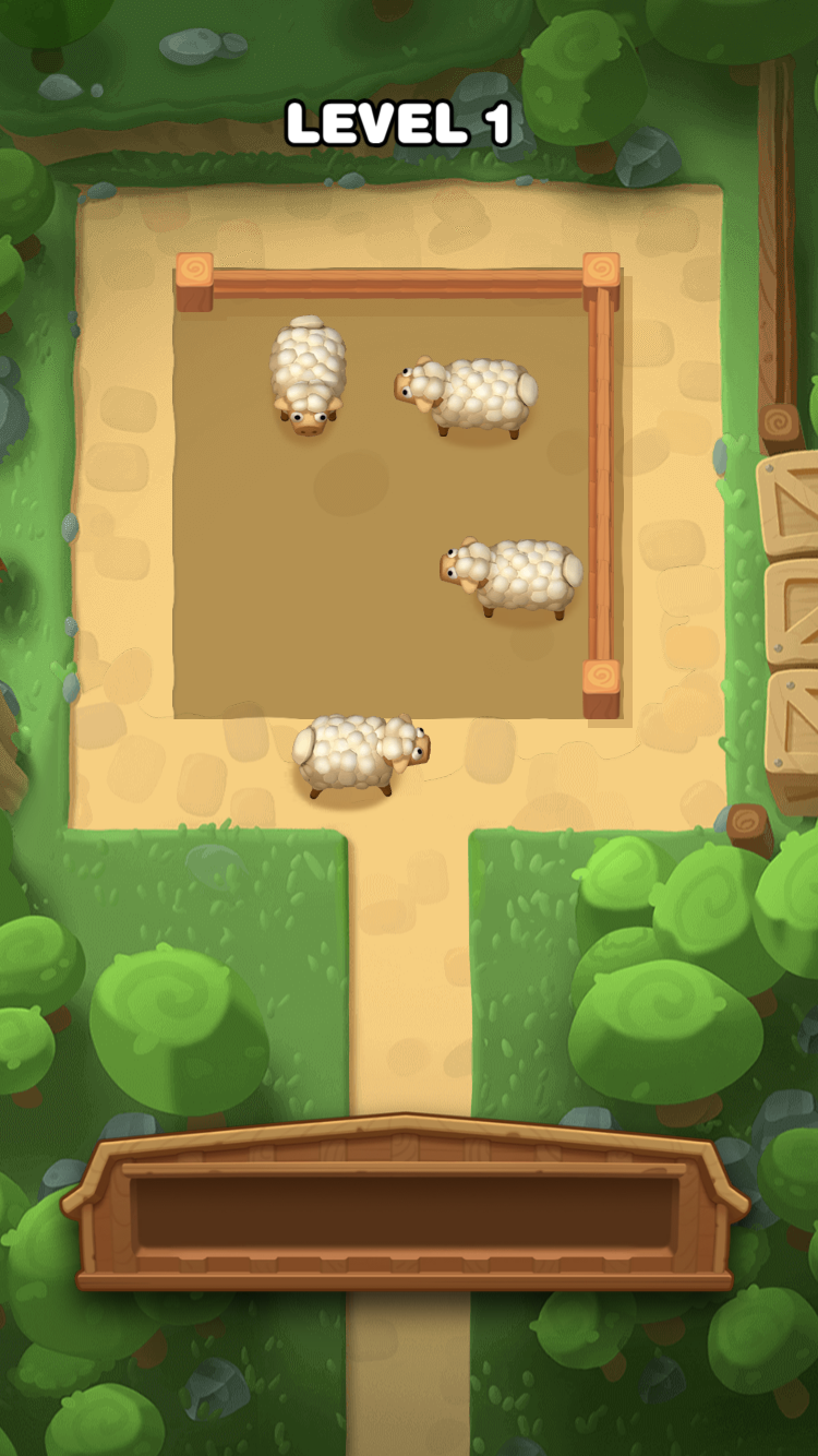 Farm Escape Level 1 with four sheep in and beside a fenced pen above an empty waiting area