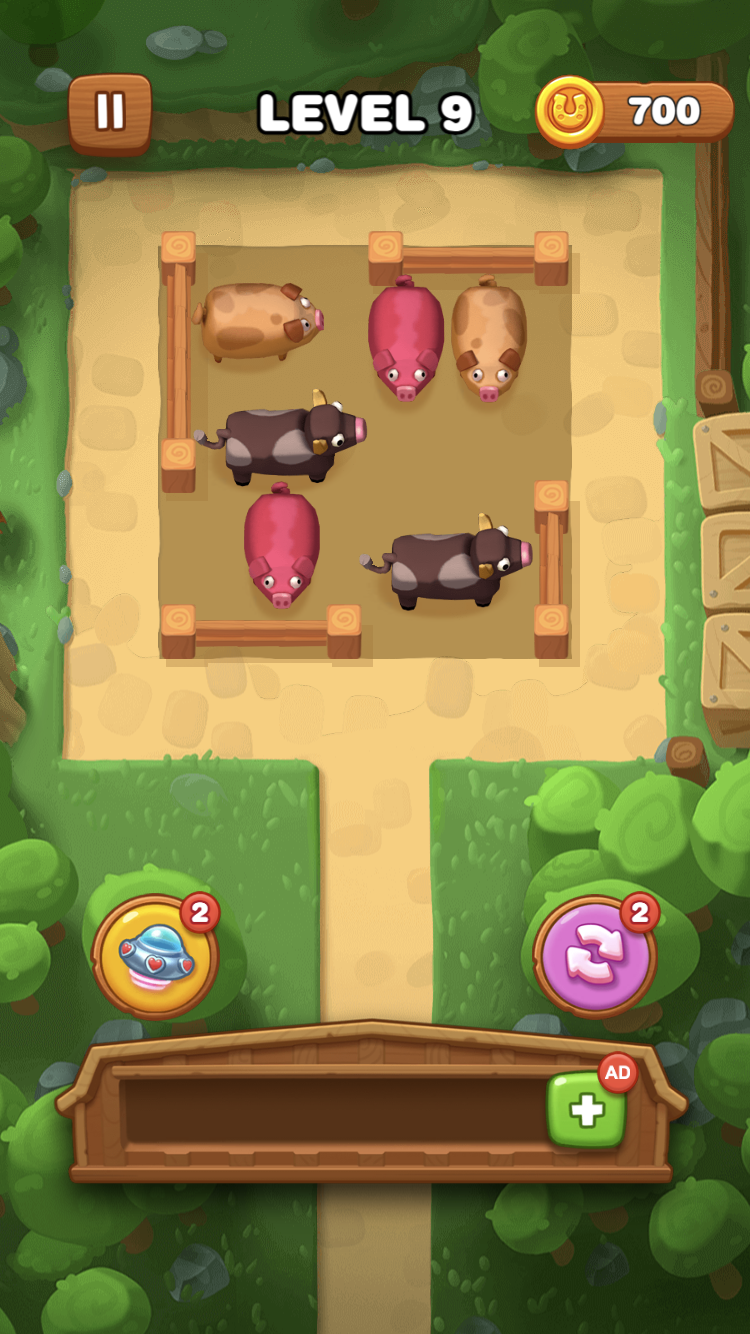 Farm Escape Level 9 with pigs and cows inside a divided pen, 700 coins, and teleport and swap tools