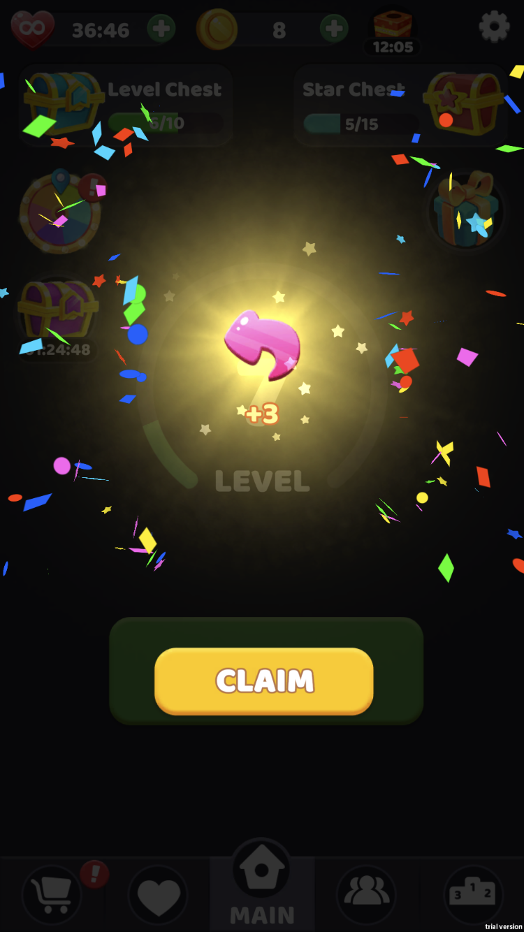 Find Master 3d level reward screen with level increase claim coins and shop navigation