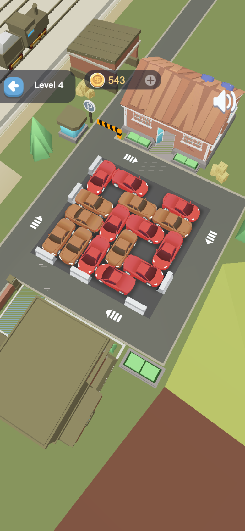 Garage Tycoon 3D parking puzzle with vehicles arranged across colored parking sections