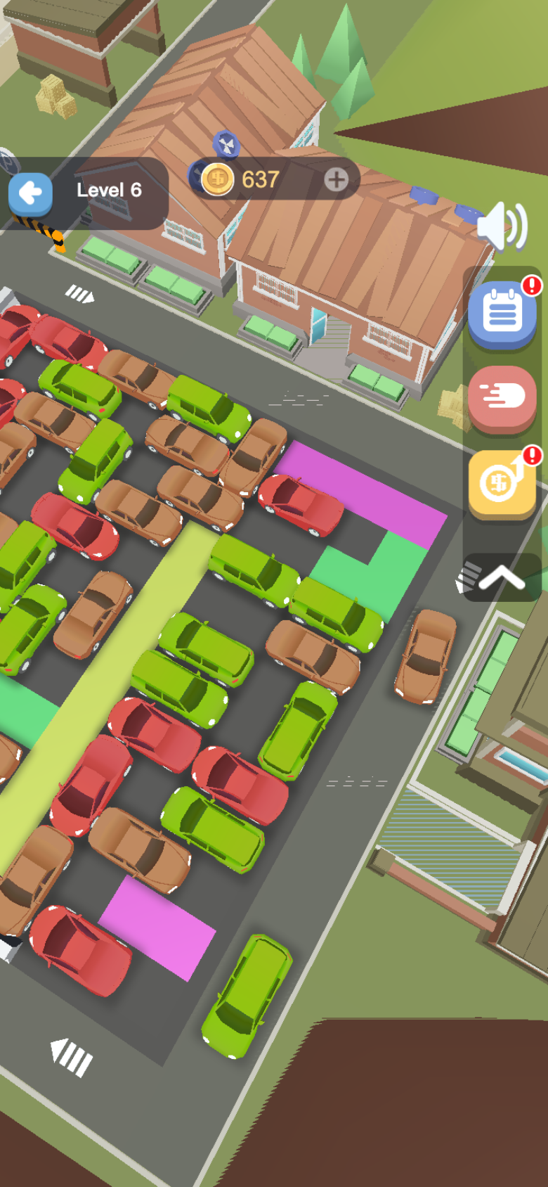 Garage Tycoon later parking puzzle with more vehicles packed into narrow exit lanes