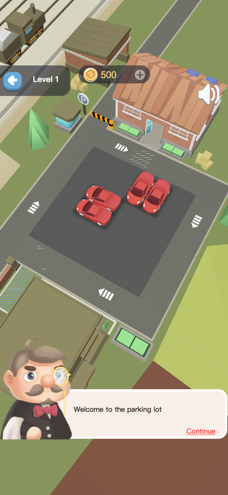 Garage Tycoon Level 1 tutorial with four red cars and a welcome message over the 3D parking lot