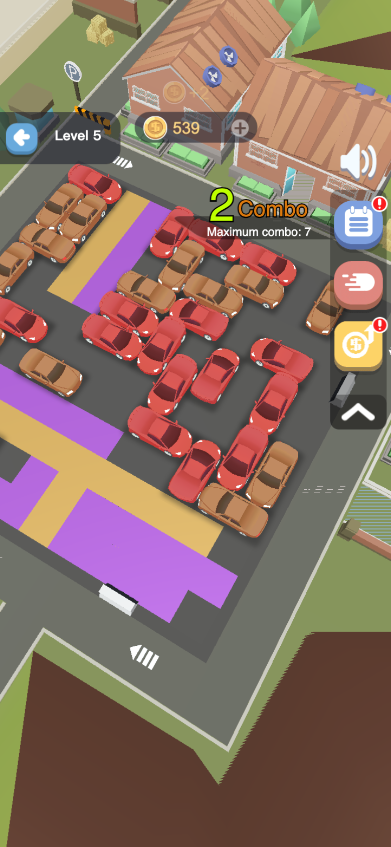 Garage Tycoon Level 5 parking layout with red and brown cars, colored spaces, coins, and a combo counter