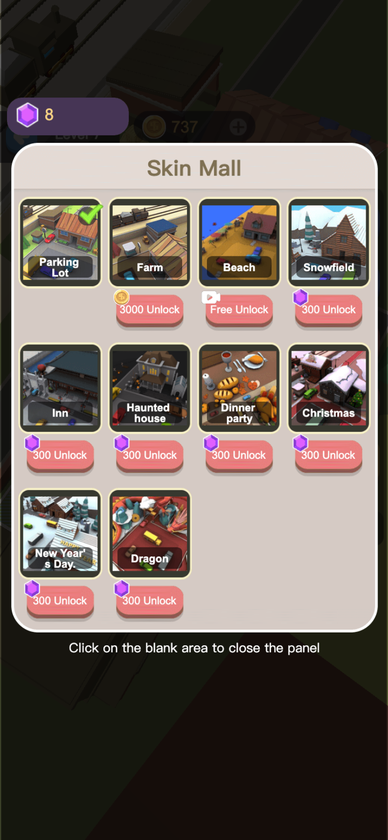 Garage Tycoon Skin Mall showing vehicle and parking-lot themes with coin, gem, and ad unlocks