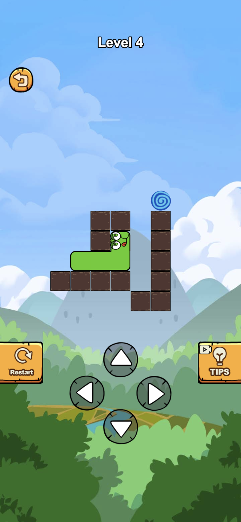 Greedy Apple Snake Level 4 with a green snake, block maze, blue apple target, and four directional buttons