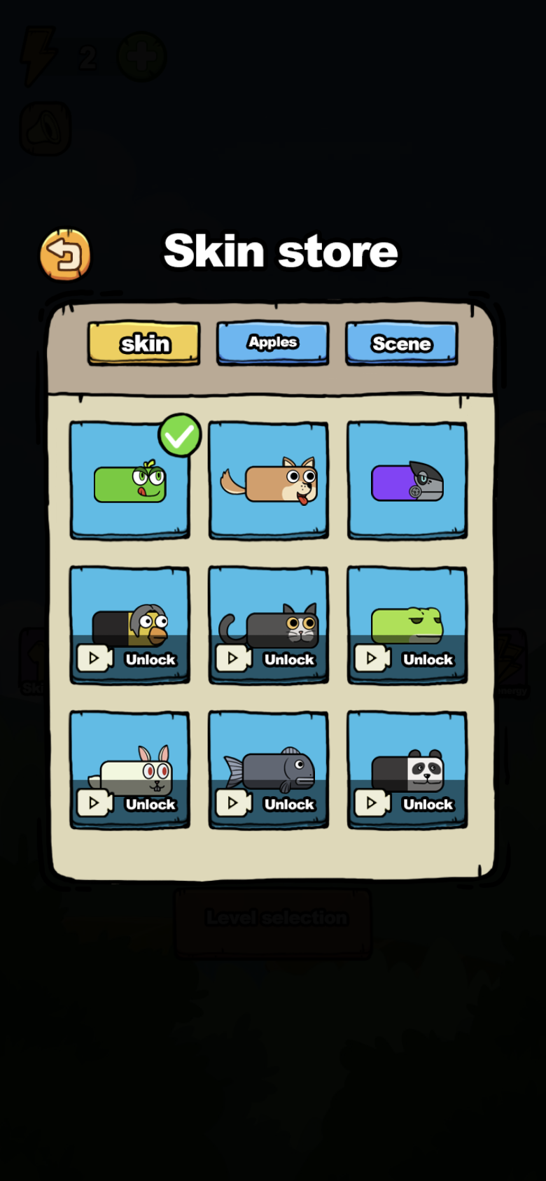 Greedy Apple Snake Skin Store with Snake, Apples, and Scene tabs and multiple animal designs