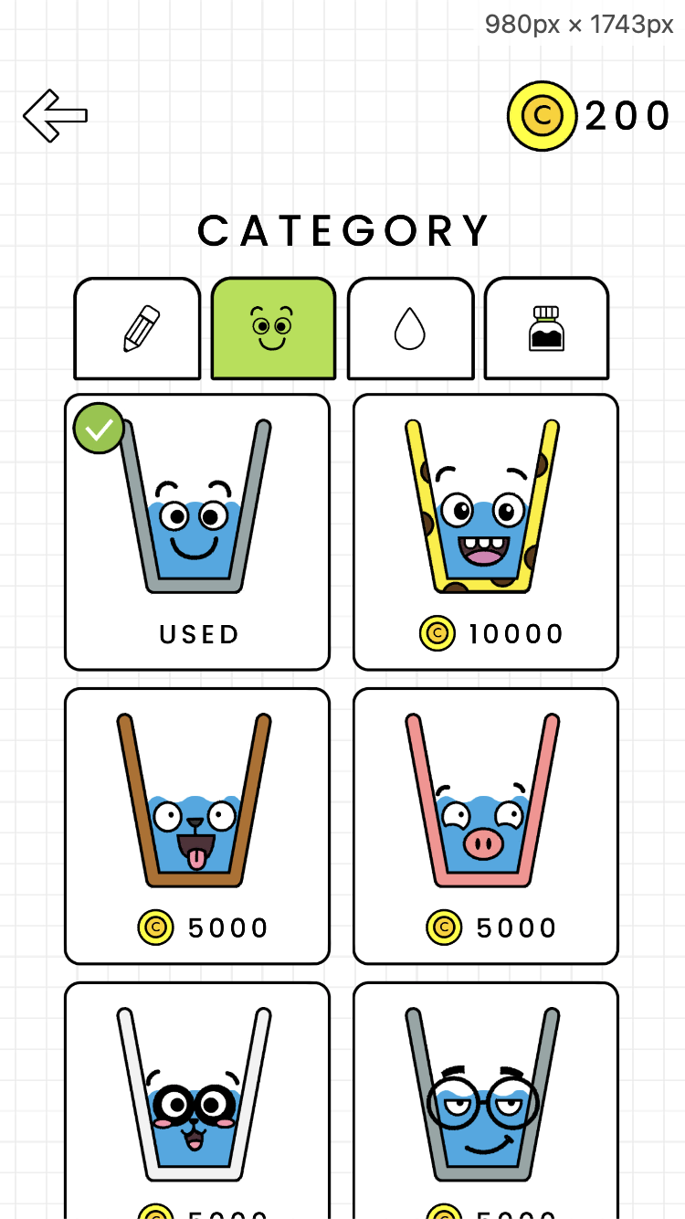 Happy Glass cosmetic shop with pencil, face, water drop, and ink categories and glass faces priced in coins