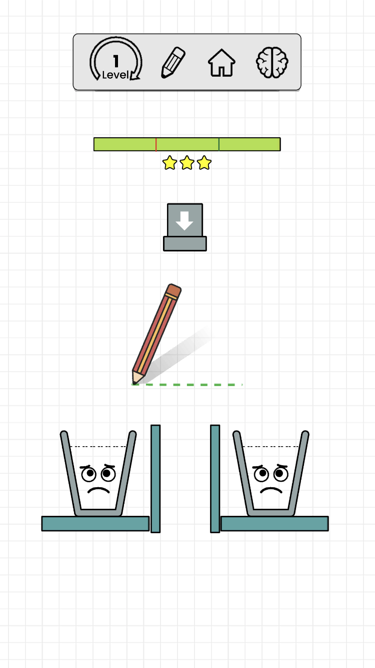 Happy Glass opening puzzle with a sad empty glass, water source, and drawing area