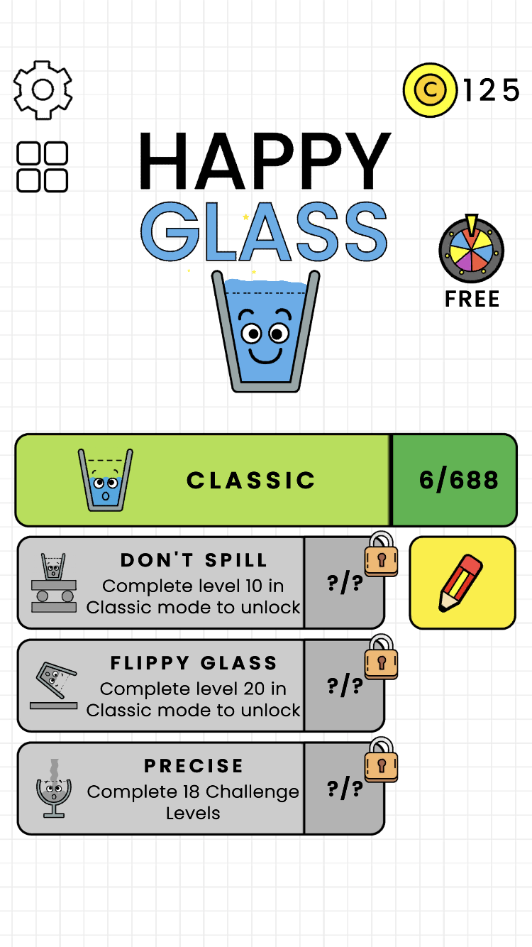 Happy Glass main menu with Classic 6 of 688, locked Don't Spill, Flippy Glass, and Precise modes, coins, and lucky wheel