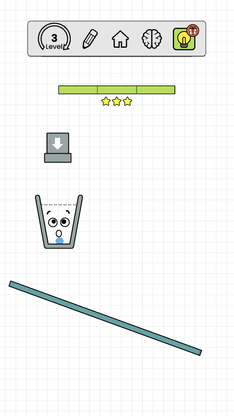 Happy Glass level with a drawn line guiding blue water toward a glass