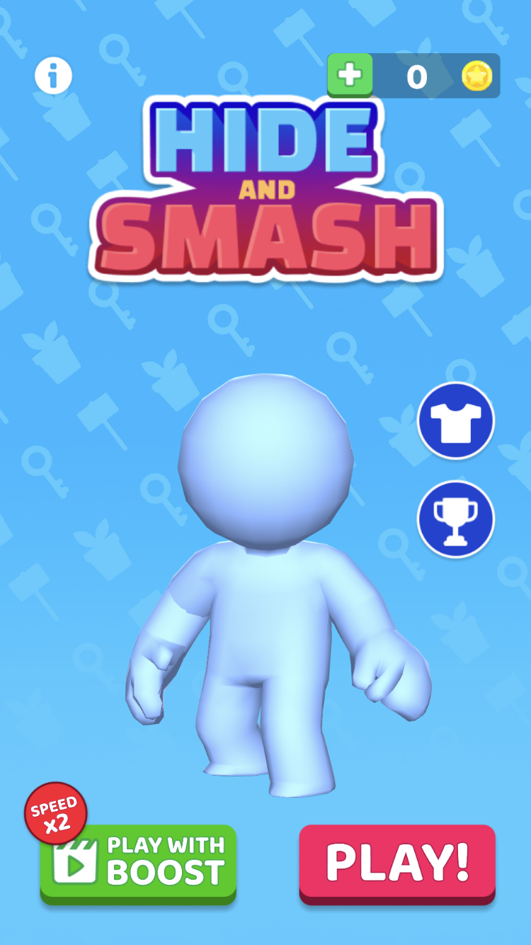 Hide And Smash home screen with 3D character, Play button, coin counter, shirt, and trophy icons
