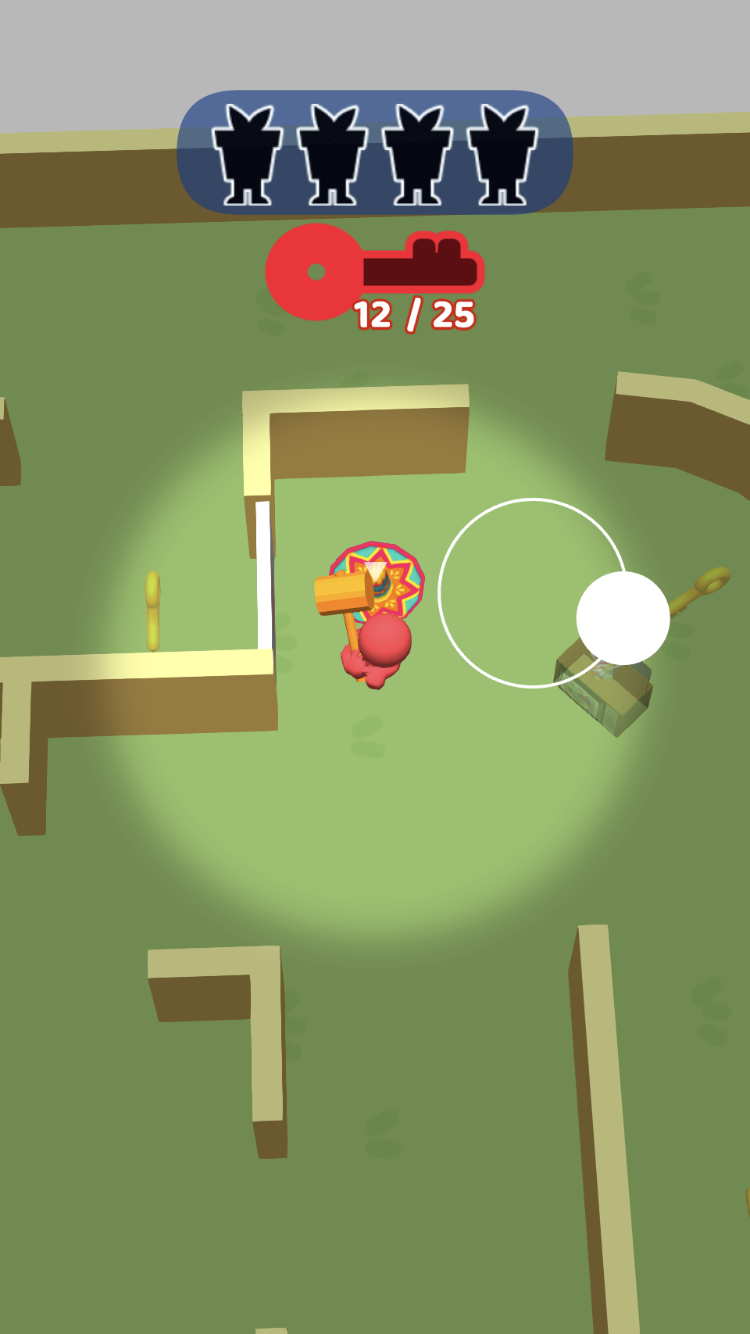 Hide And Smash seeker holding a hammer and flashlight in a green top-down maze with a catch counter