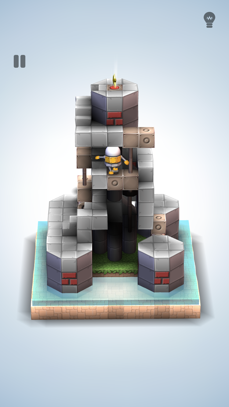 Mekorama robot puzzle featuring elevated architecture and moving machinery