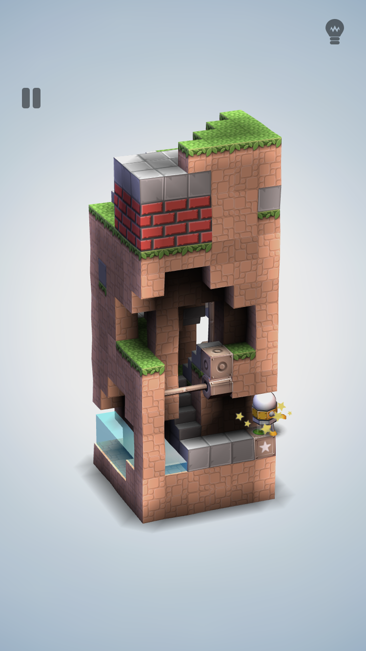 Mekorama multi-level tower with robot, star, brick walls, water, and metal platforms