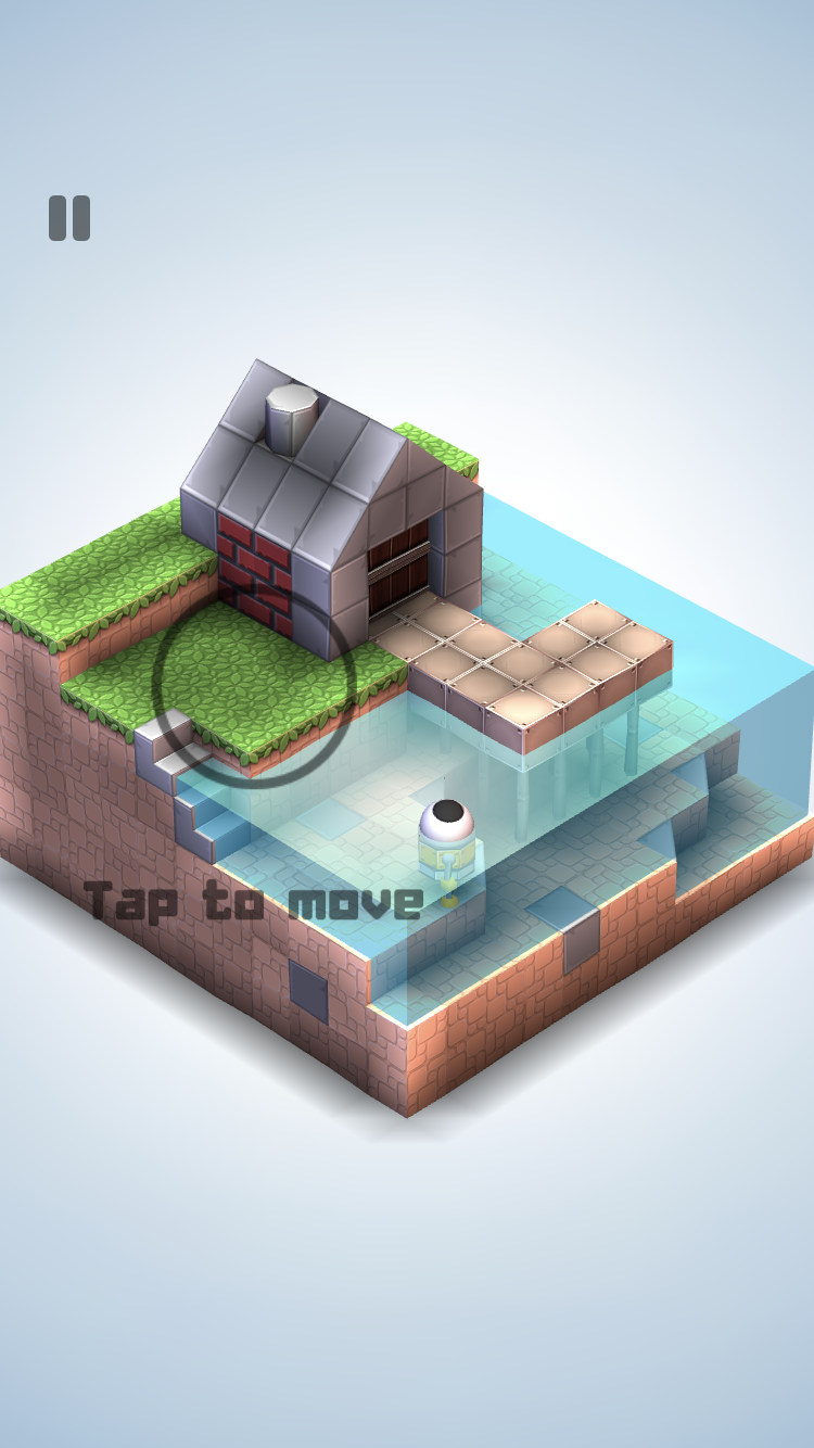 Mekorama robot beside a house, grass, water, and rotating wooden mechanism