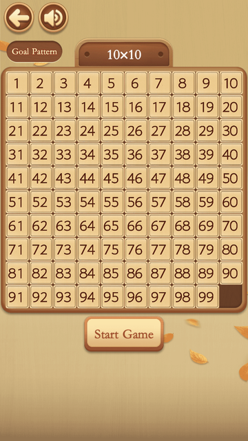 Num Puz 10x10 classic board with numbered tiles 1 to 99, an empty corner cell, Goal Pattern, and Start Game