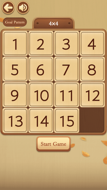 Num Puz 4x4 classic board with tiles 1 to 15 in order, an empty bottom-right cell, Goal Pattern, and Start Game