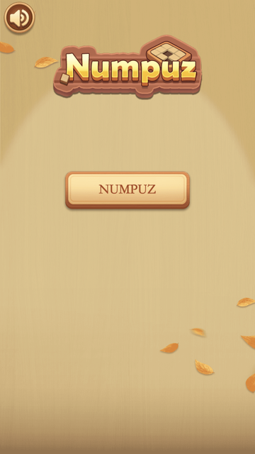 Num Puz home screen with the Numpuz title, a NUMPUZ button, speaker control, and autumn leaves on a wood background