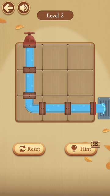 Num Puz Pipe Mode Level 2 with a 3x3 tile grid, water flowing from a red faucet to a drain, Reset, and an ad-gated Hint