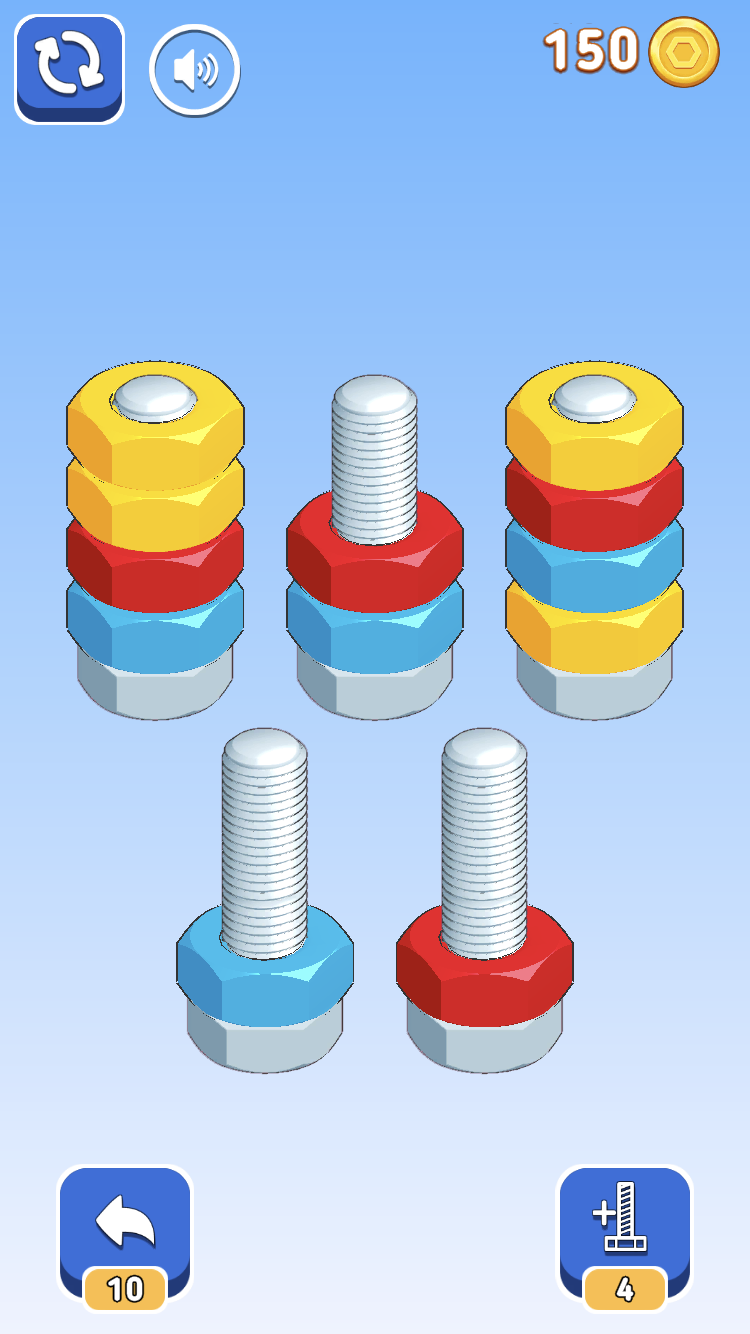 Nuts Sort Puzzle completed and incomplete colored stacks across multiple bolts