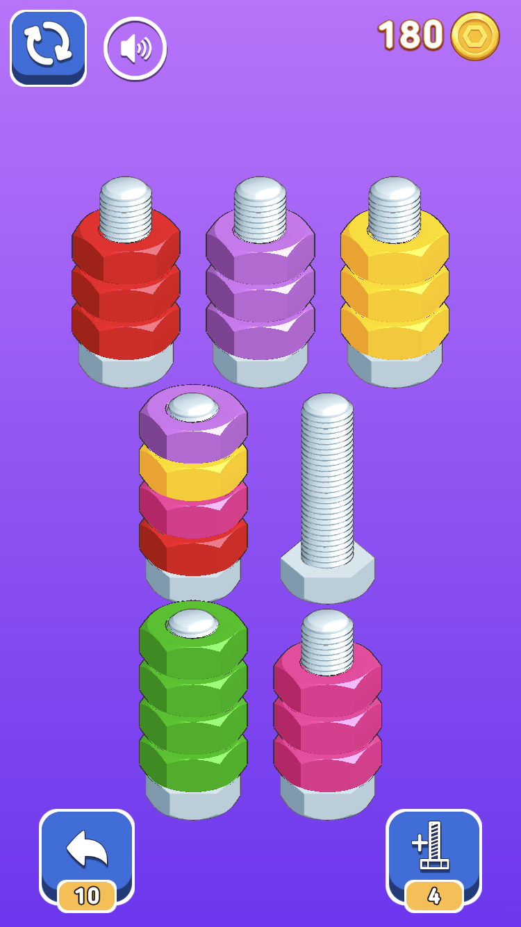 Nuts Sort Puzzle with several bolts of mixed colored nuts, one empty bolt, 180 coins, undo, and extra-bolt tools